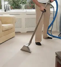 Professional carpet cleaner using a hot-water extraction wand and hose machine in a living room in Tampa, FL.