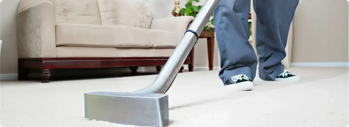Carpet cleaning technician using a hot-water extraction wand on a light-colored carpet in a living room, Tampa, FL.